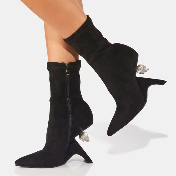 AZALEA WANG Raffi-2 Bedazzled Skull Bootie RAFFI-2-BLK - Shiekh Azalea Wang Raffi Bedazzled Skull Heel Sock Boots Womens 9 Black Faux Suede Goth